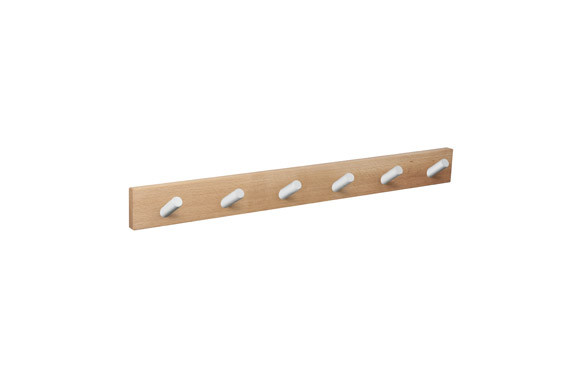 PERCHA PARED MADERA NATURAL 6 POMOS INCLINADOS BLANCOS
