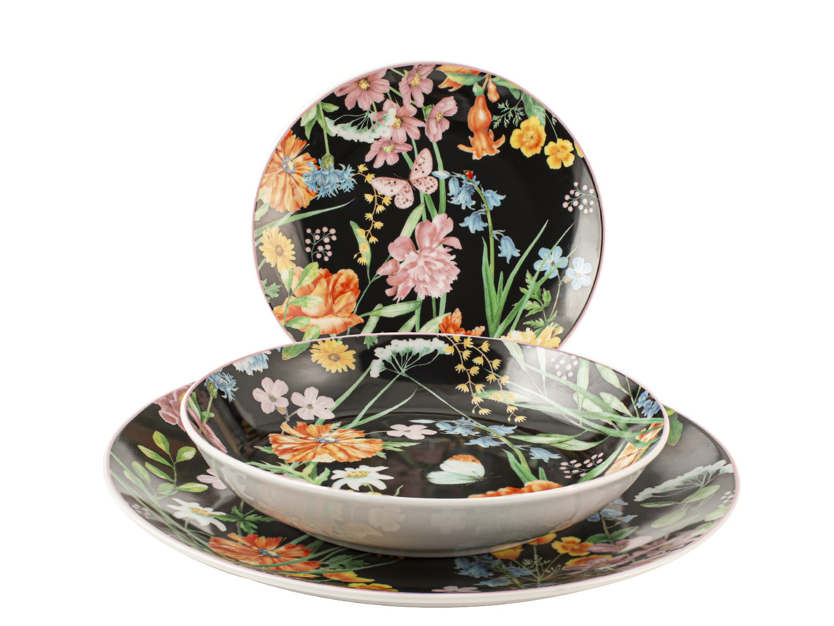 VAJILLA 18 PZAS PORCELANA DECORADA CAROLINE NEGRA