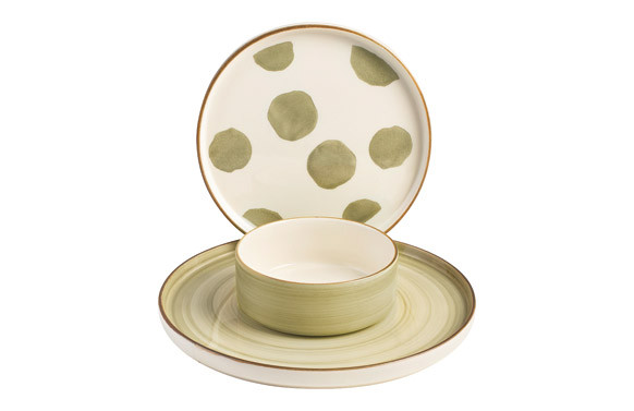 SET 3 PLATOS 1 SERVICIO CERAMICA DECORADA VERDE