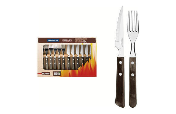 CUCHILLO CHULETERO + TENEDOR (SET 12 PZAS) POLYWOOD CASTAÑO