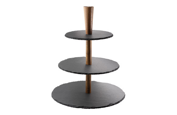 BANDEJA Ø 18CM SOPORTE 3 ALTURAS SET PRESENTACION PIZARRA Y ACACIA + 4 CUCHILLOS QUESO