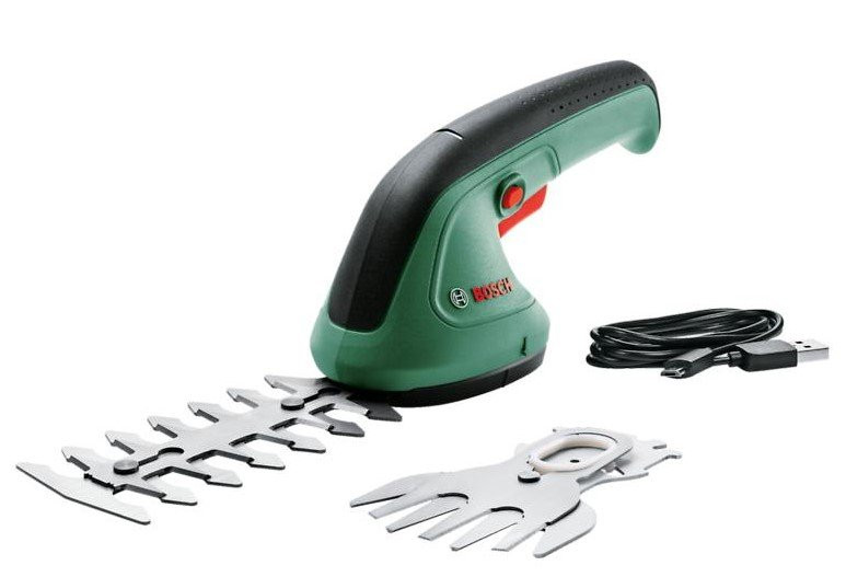 Tijera EasyShear de Bosch con cuchas cortasetos y cortacesped, cargador por USB