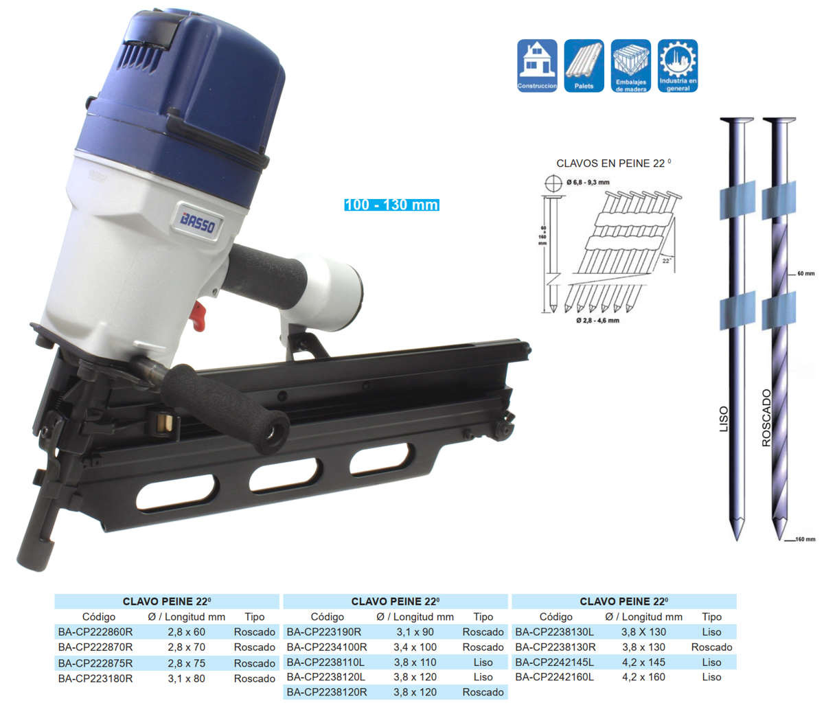 CLAVADORA NEUMATICA PEINE 22º de 100 a 130 mm BASSO BEX-A22130A1