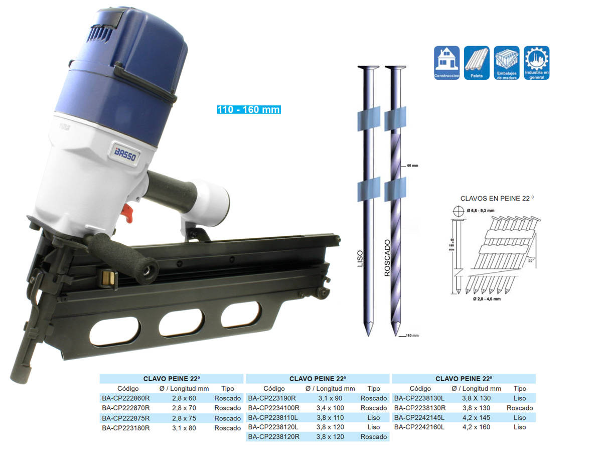 CLAVADORA NEUMATICA CLAVO PEINE 22º de 110 a 160 mm BASSO BEX-A22160A1