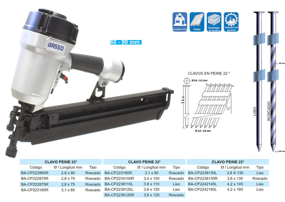 CLAVADORA NEUMATICA CLAVO PEINE 22º BASSO BEX-A2290A1
