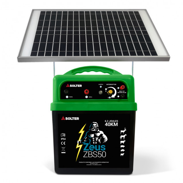 Pastor a batería con placas solares de la marca Solter. Zeus ZBS50-KIT