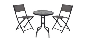 MESA ACERO Ø60 CM + 2 SILLAS PLEGABLES GRIS
