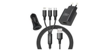 PACK CARGADOR DE COCHE USB+CARGADOR CASA USB+CABLE 3 EN 1 TIPO C NEGRO
