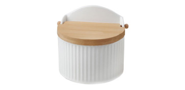Ordenacion y conservacion de cocina - SALERO PORCELANA GRABADA TAPA BAMBU BLANCO RAYAS