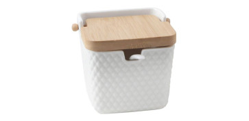 Ordenacion y conservacion de cocina - AZUCARERO PORCELANA GRABADA TAPA BAMBU + CUCHARA BLANCO ROMBOS