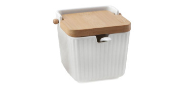 Ordenacion y conservacion de cocina - AZUCARERO PORCELANA GRABADA TAPA BAMBU + CUCHARA BLANCO RAYAS
