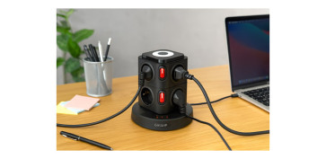 BASE MULTIPLE TORRETA 8 ENCHUFES USB A + 2 USB C NEGRO CON LUZ NOCTURNA