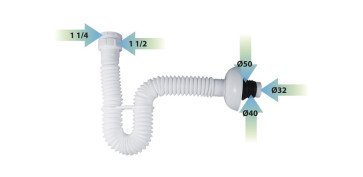 SIFÓN FLEXIBLE MULTICONEXIONES 6 EN 1 1 1/4,1 1/2 Ø40,Ø50,Ø32MM
