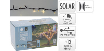 GUIRNALDA SOLAR RECARGABLE 240 LED 24V 230MAH 10,3+3M LUZ BLANCA CALIDA