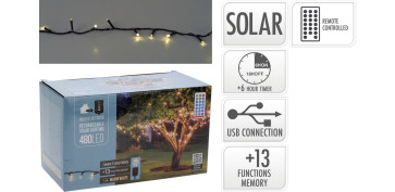 Iluminacion vivienda - GUIRNALDA SOLAR RECARGABLE 480 LED 24V 230MAH 21,5+3M LUZ BLANCA CALIDA