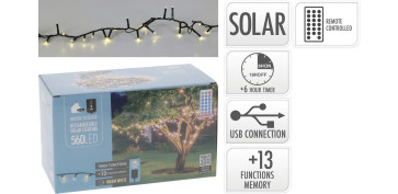 Iluminacion vivienda - GUIRNALDA SOLAR RECARGABLE 560 LED 24V 230MAH 11+3M LUZ BLANCA CALIDA