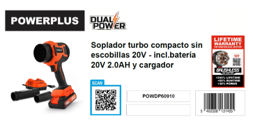 SOPLADOR TURBO COMPACTO 20V 2AH INCLUYE BATERIA