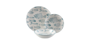 VAJILLA PORCELANA 18 PIEZAS PECES AZUL